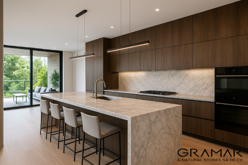 Cocina abierta en residencia de lujo con isla de piedra natural, ideal para remodelaciones sofisticadas