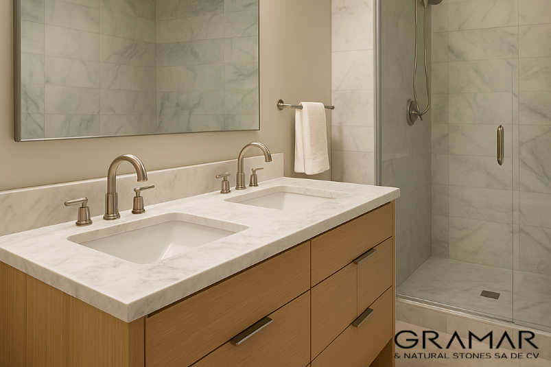 Baño moderno con detalles de mármol blanco y madera clara, estilo refinado para espacios premium
