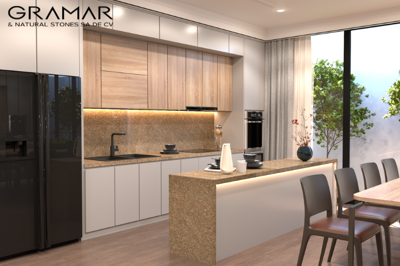 cocina moderna con cubierta de cuarzo blanco GRAMAR